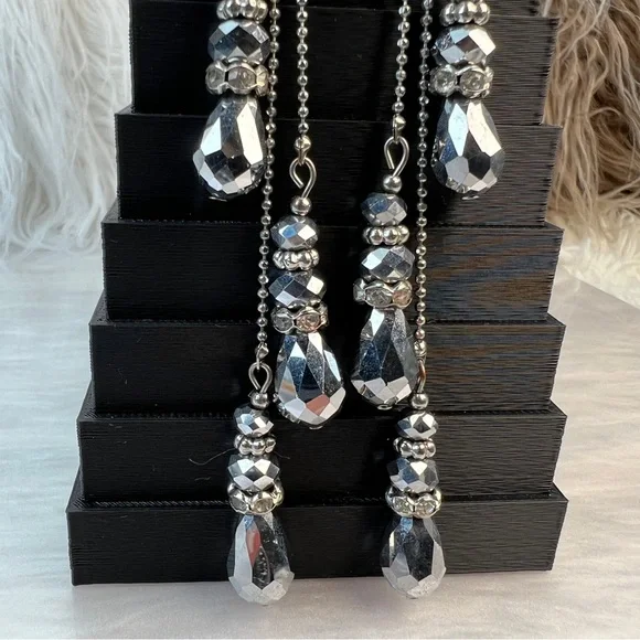 Long, silvery gray reflective, weighted bead fringe dangle pierced earrings
